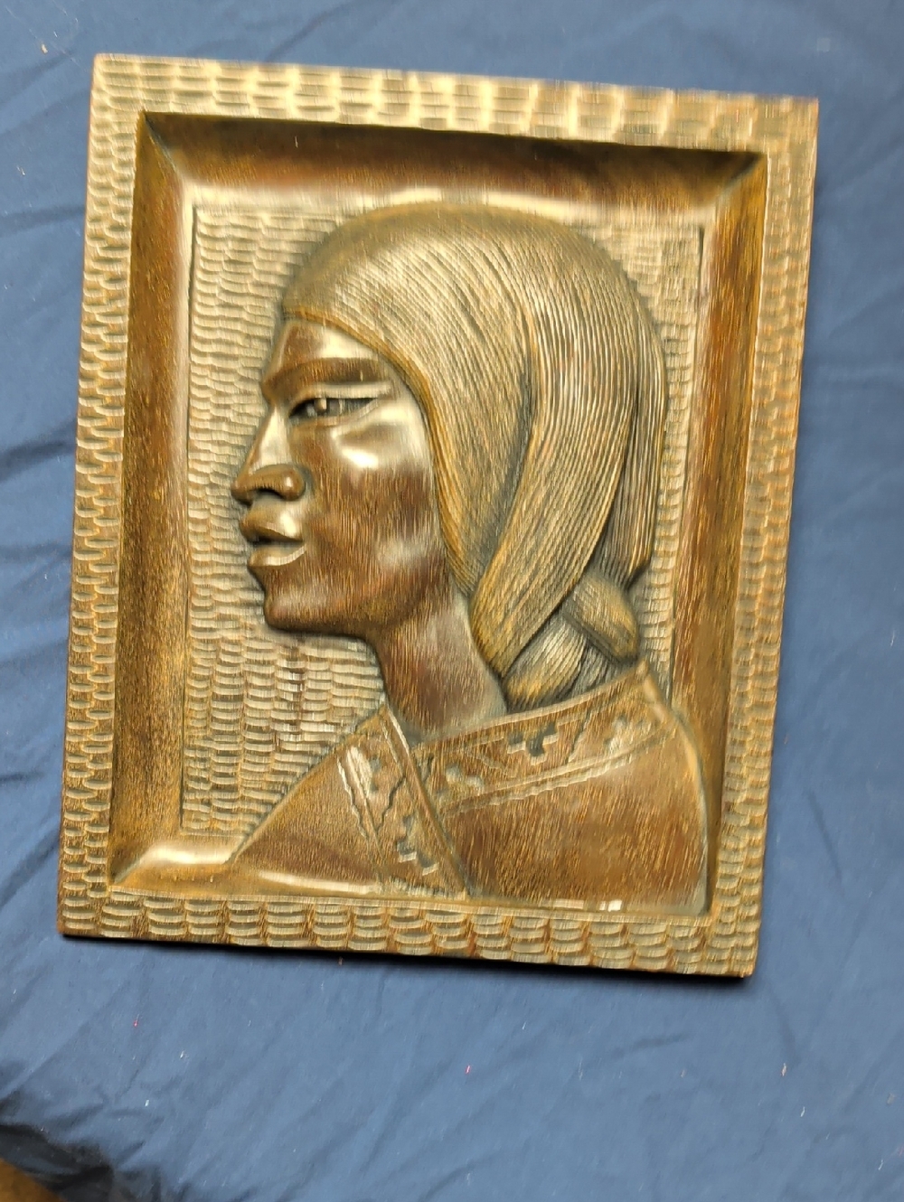 Carved Wood Relief Portrait Plaque in Warm Brown